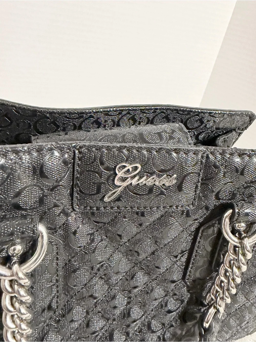 GUESS Black Signature Tote Bag with Chain Handles